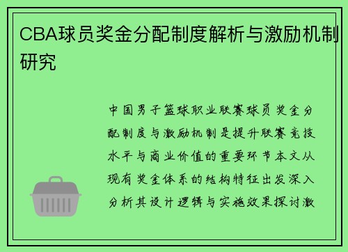 CBA球员奖金分配制度解析与激励机制研究
